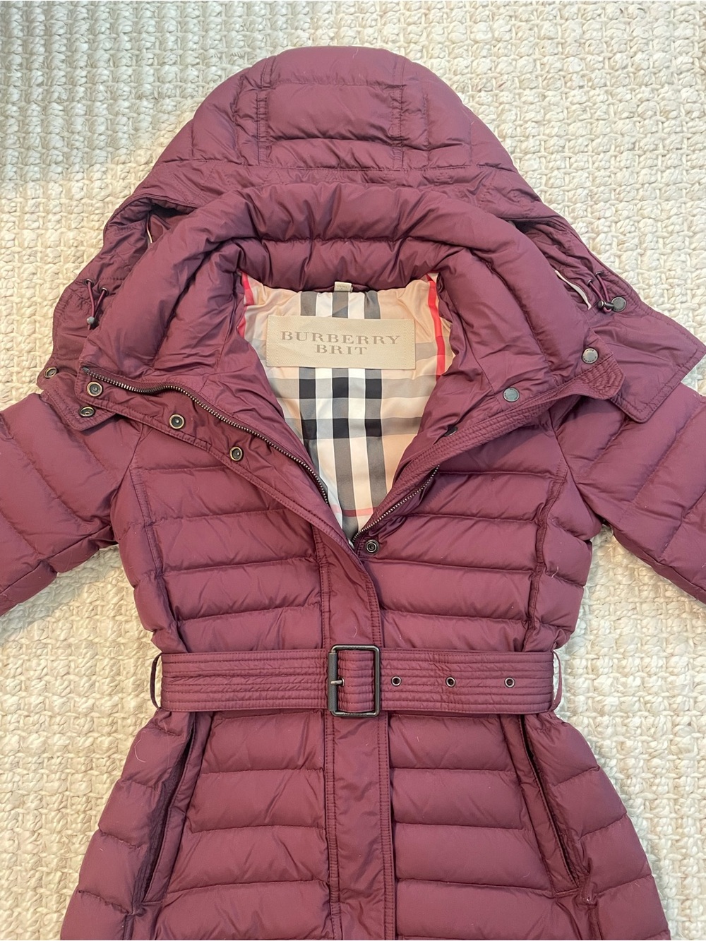 Burberry Brit Small Belted Down Puffer Coat Burgundy Nova Check Hooded Jacket